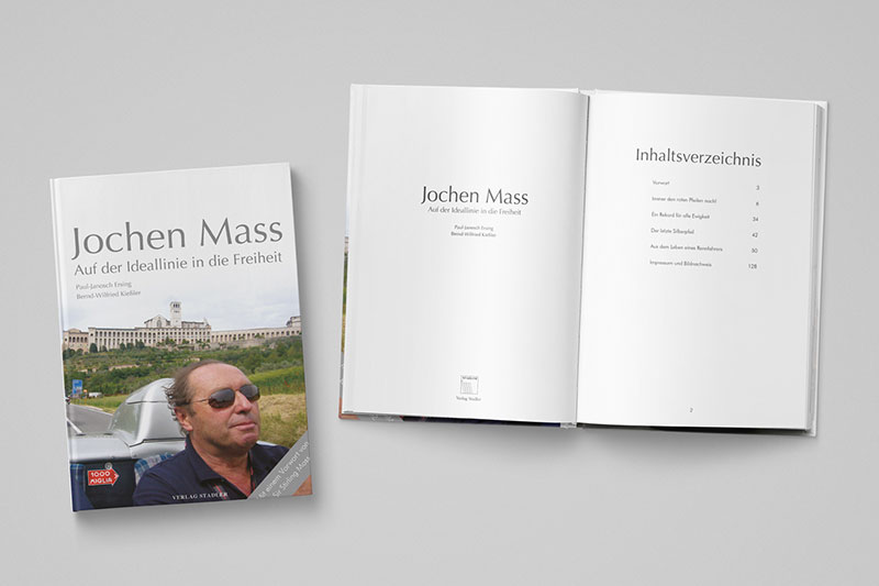 Gestaltung von Printmedien. Editorialdesign eines Buches über Jochen Mass und die Mille Miglia. Grafikdesign von Iris Hachtroudian aus Stuttgart.