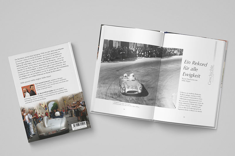 Grafische Buchinnengestaltung eines Rennfahrerportraits über Jochen Mass und die Mille Miglia. Gestaltet von Iris Hachtroudian in Zusammenarbeit mit dem Redaktionsbüro Kießler.